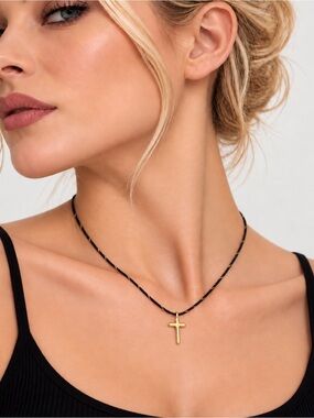⚜️ Trendy Gold Cross Pendant and Black Chain Necklace